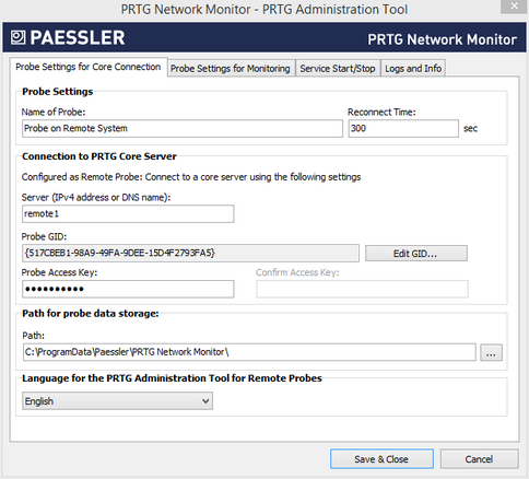 PRTG Administrator: Probe Settings for Core Connection